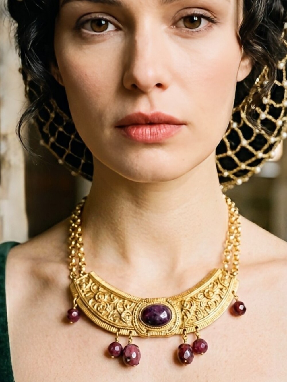Red Reinassance Genuine Natural Rubies Collar Two Strand Necklace in Gold Plated